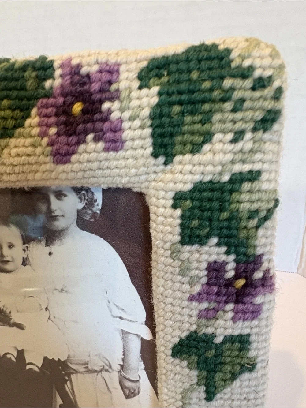 Vintage Handmade Floral Needlepoint Picture Frames - Pair of 2